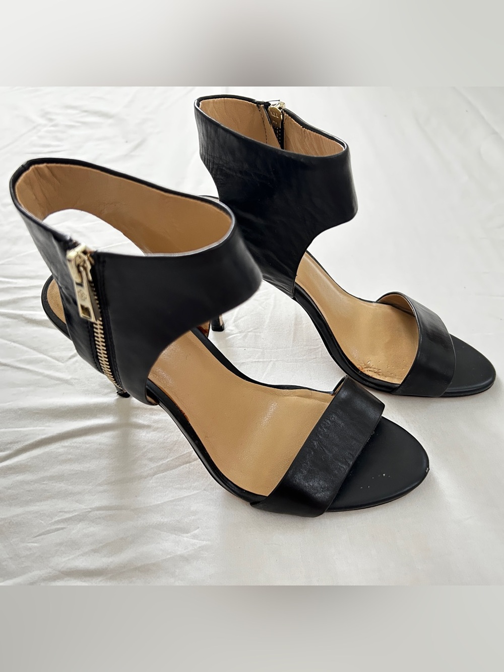 Ann Taylor Black Open-Toe Ankle-Cuff Heels with Gold Zipper